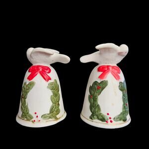 Vintage Christmas Bell Pair Dove Top Holly Bow Taiwan